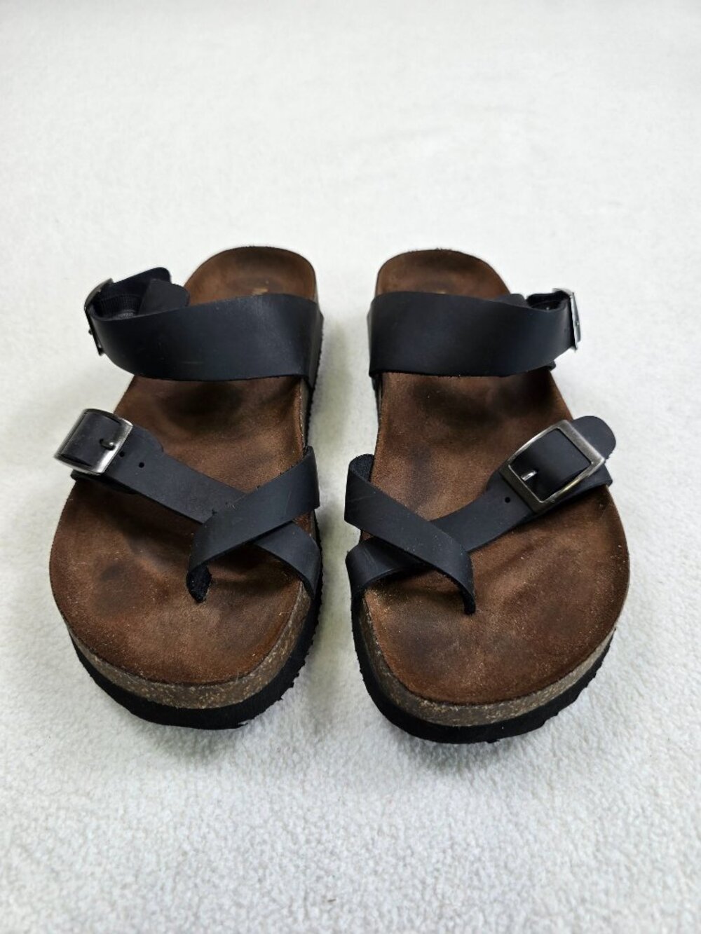 Mountain Sole Womens Leather Sandals Size 6 Black Cross Strap Cork Sole
